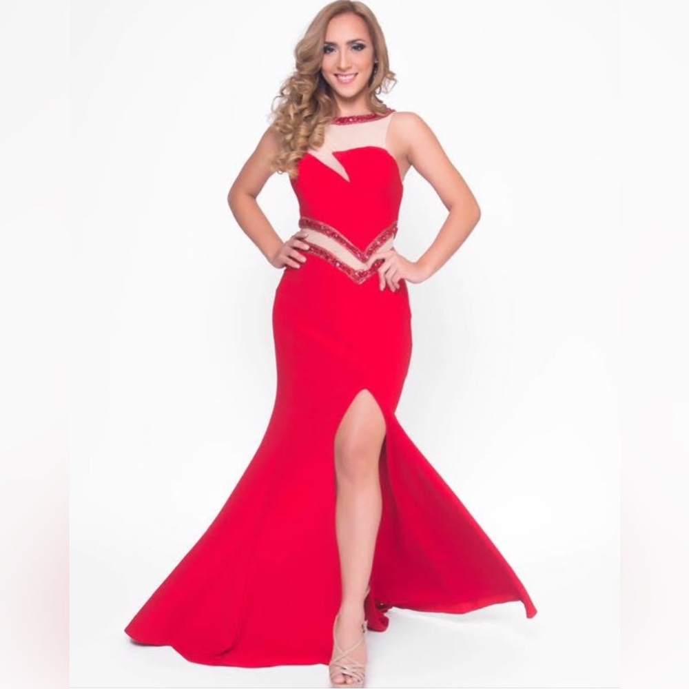 Rachel Allan 6937 - Sz 6 - Red - Beaded - Sleeveless w Cutout